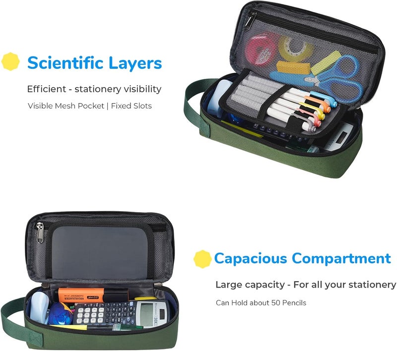 ECHSRT Pencil Case for Men Women, Large Pen Bag for Adults, Portable Pencil Pouch Aesthetic with Handle, Zipper Cases for Office Organizer Green Pencil Cases - Image 3